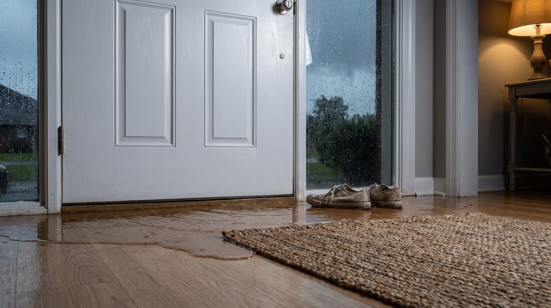 Muddy rainwater covering a back patio and pooling against the glass doors of a brick home as an overflowing gutter pours water down the wall.