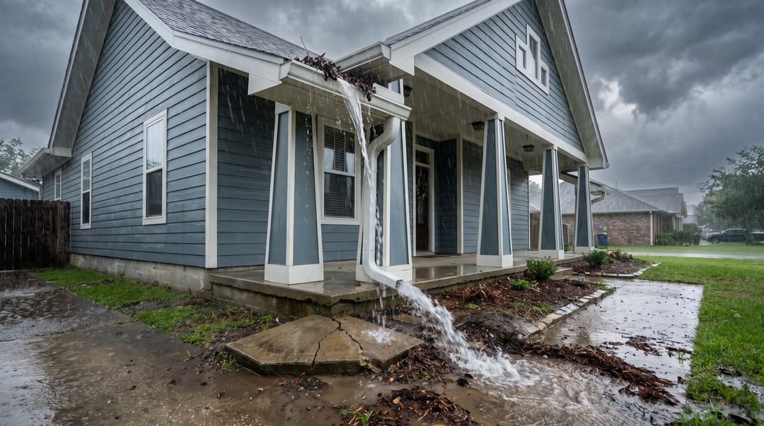 An overflowing gutter and downspout dumping rainwater right at the foundation of a brick house.