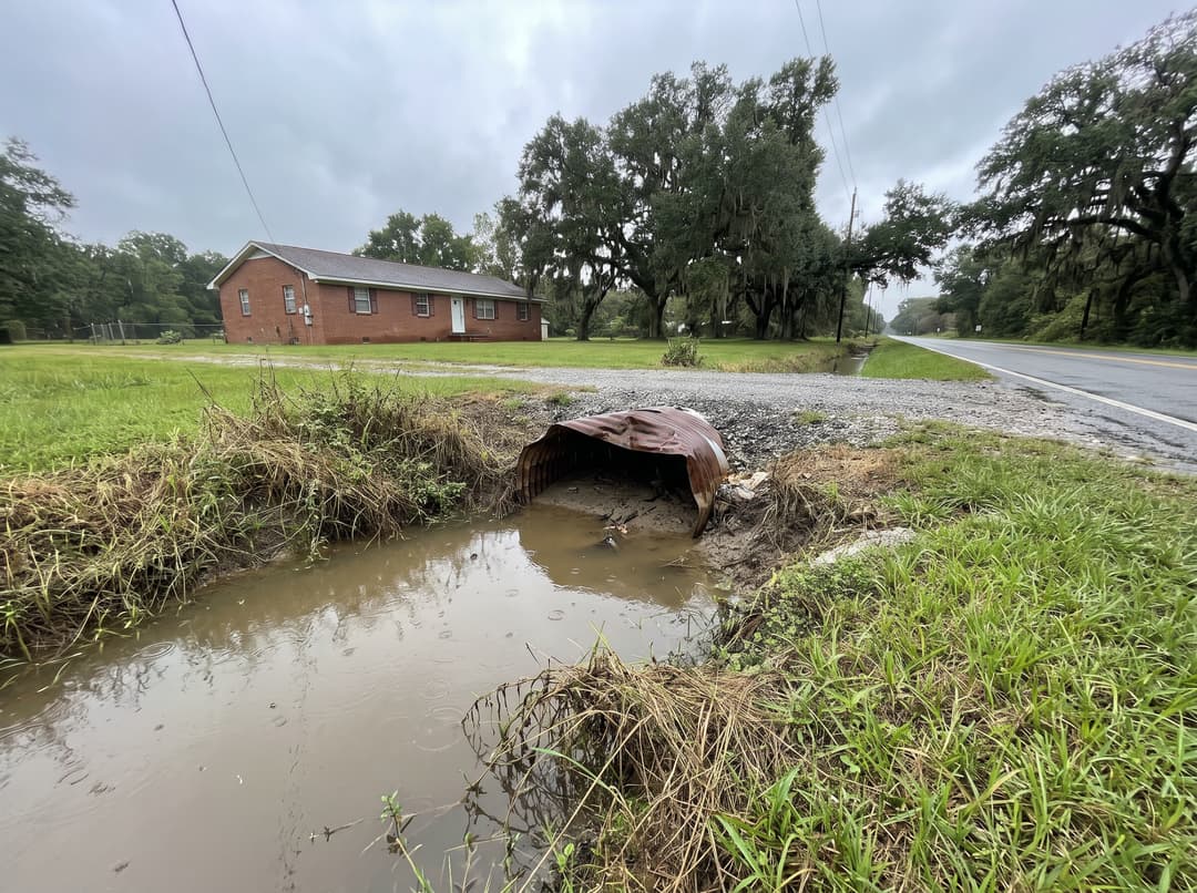 A rusted, crushed driveway culvert with muddy water backed up in the roadside ditch in front of a home.