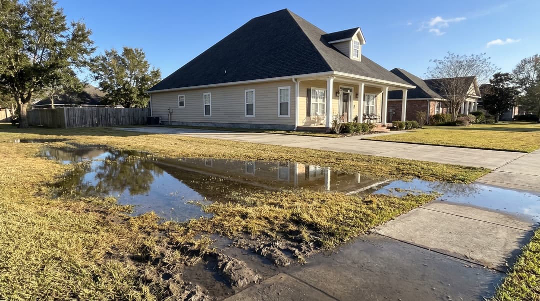 Wide puddles of standing water across a soggy backyard lawn the day after heavy rain.
