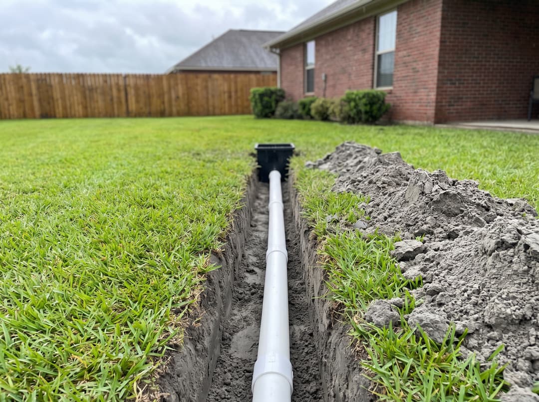 White smooth-wall PVC drain pipe laid in a neat trench across a backyard lawn, connected to a catch basin.
